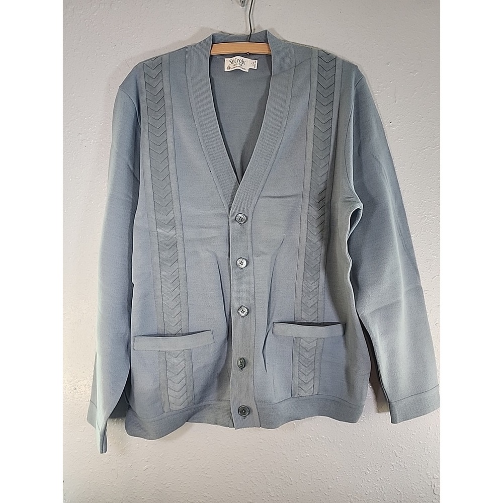 Vintage St. Croix Knits Suede & Wool Light Blue Grandpa Sweater Cardigan Size Lg